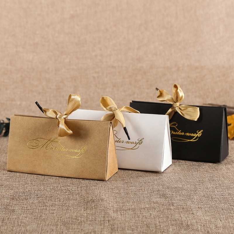 Creative mini bag shape with ribbon foldable triangle cosmetics paper gift bag