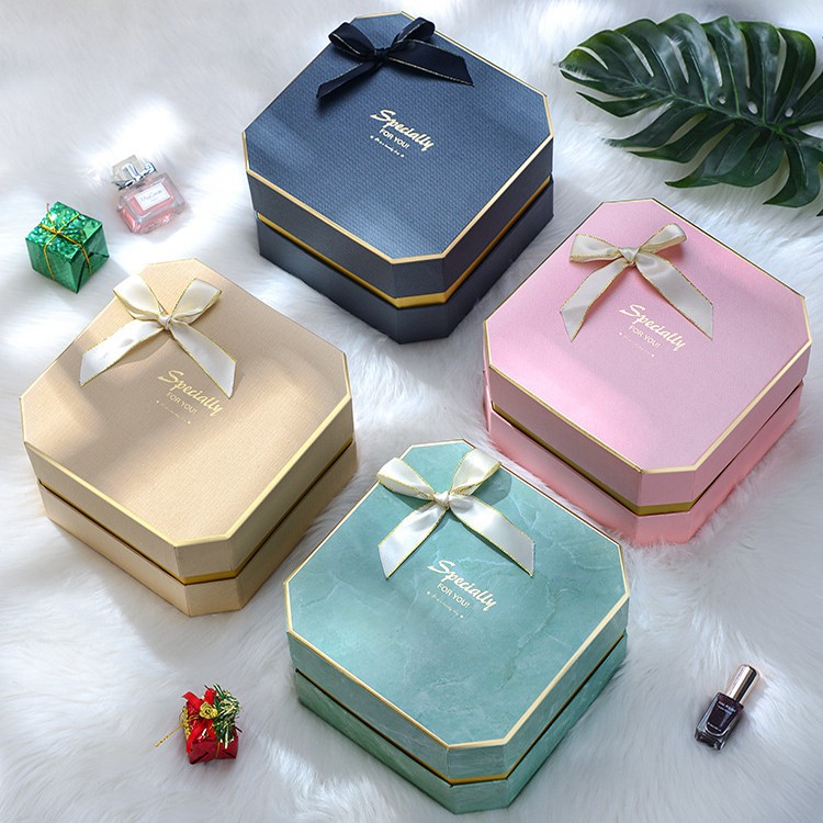 High end Luxury Octagon Two Pieces Gift Paper Box With Bowknot For Candy Packaging