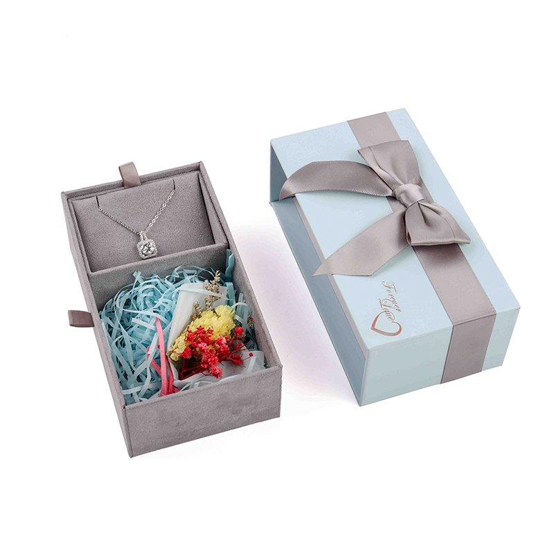 Custom Luxury Jewelry Box Packaging Rectangle Gift Box With Gray Ribbon