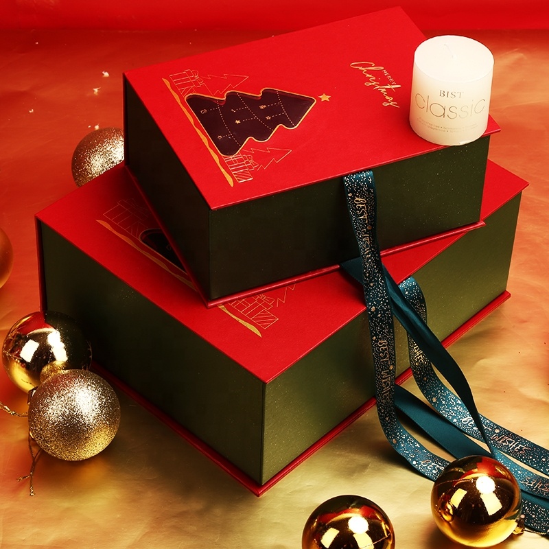 Custom Rectangle Ribbon Clousure Christmas Gift Box With Tree Shape Window