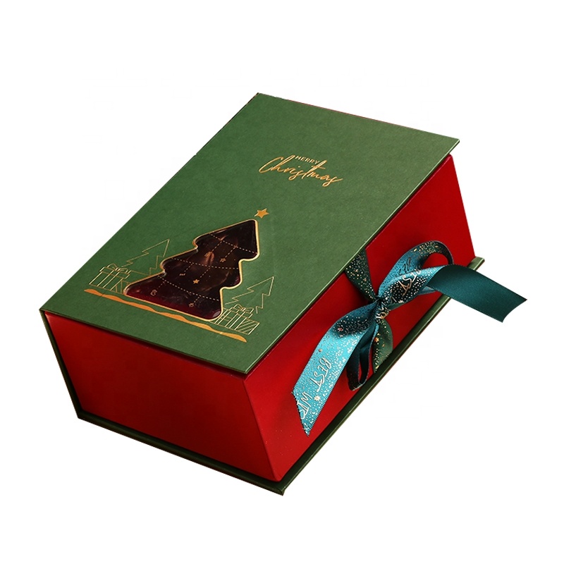 Custom Rectangle Ribbon Clousure Christmas Gift Box With Tree Shape Window