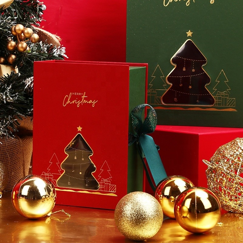 Custom Rectangle Ribbon Clousure Christmas Gift Box With Tree Shape Window